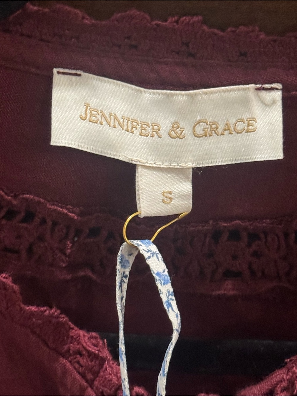 Jennifer & grace Embroidered Tie-Front Peplum Top - Burgundy long sleeve size S - Picture 3 of 12